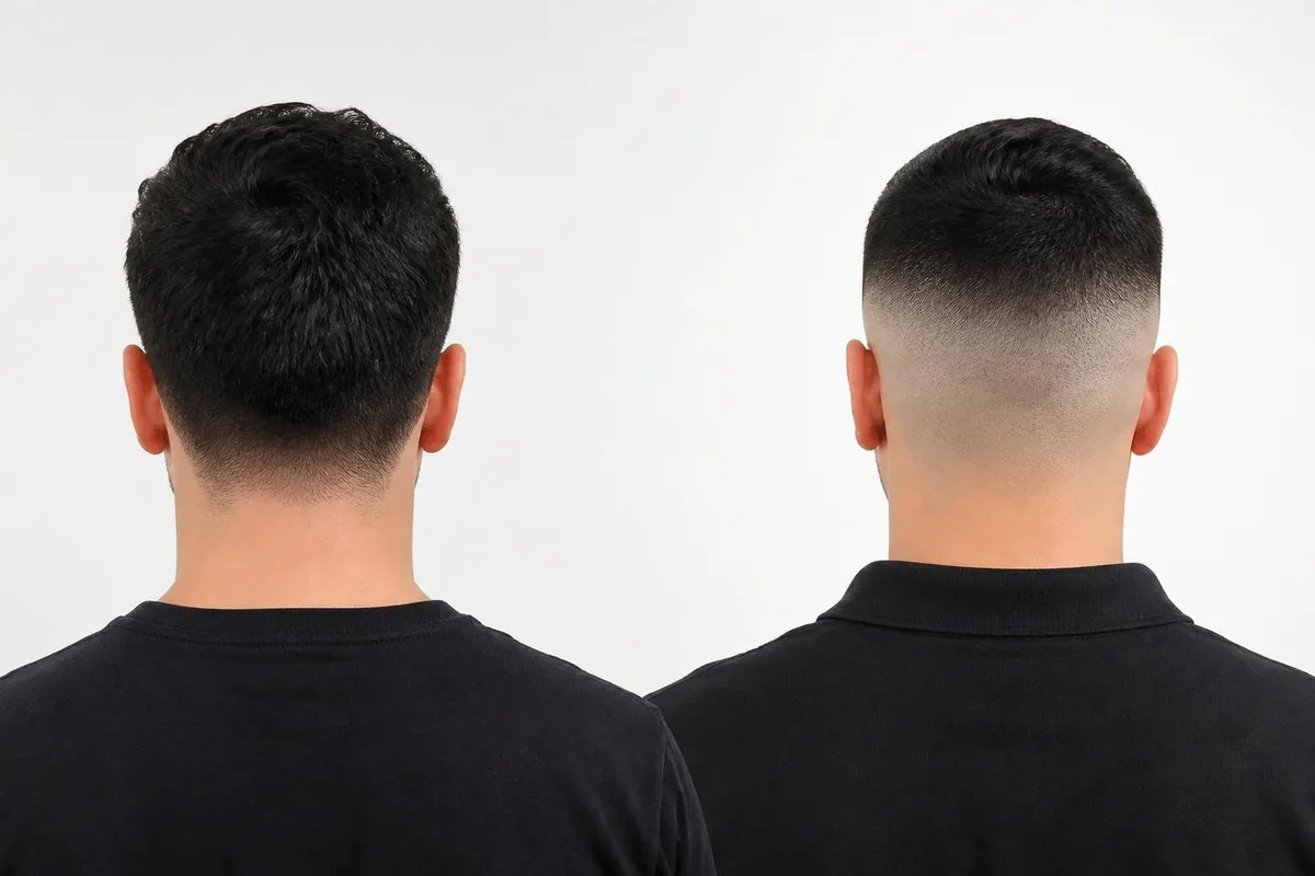 Taper fade vs skin fade comparison showing two finishes side by side