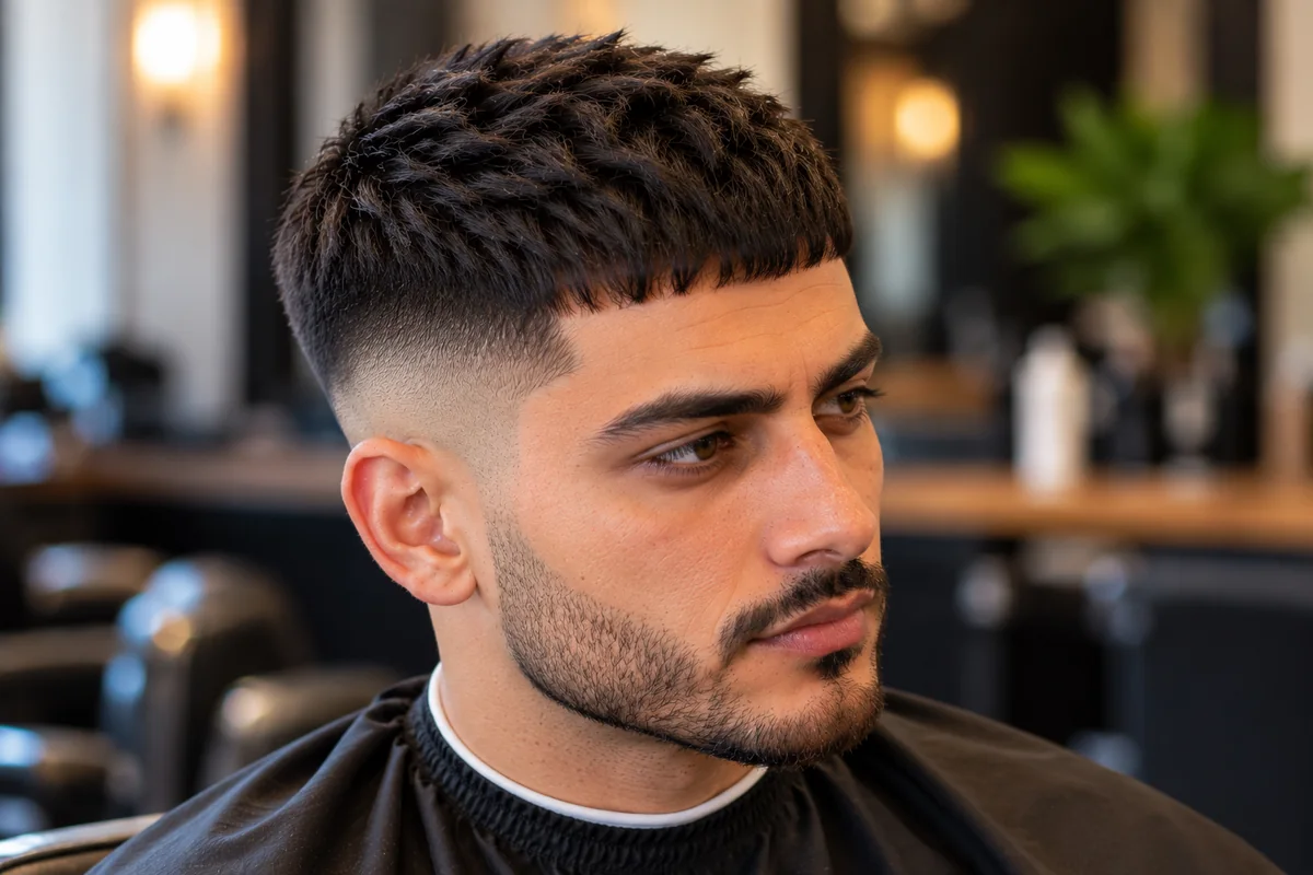 Man with a textured Caesar cut and a choppy point-cut fringe on thick hair