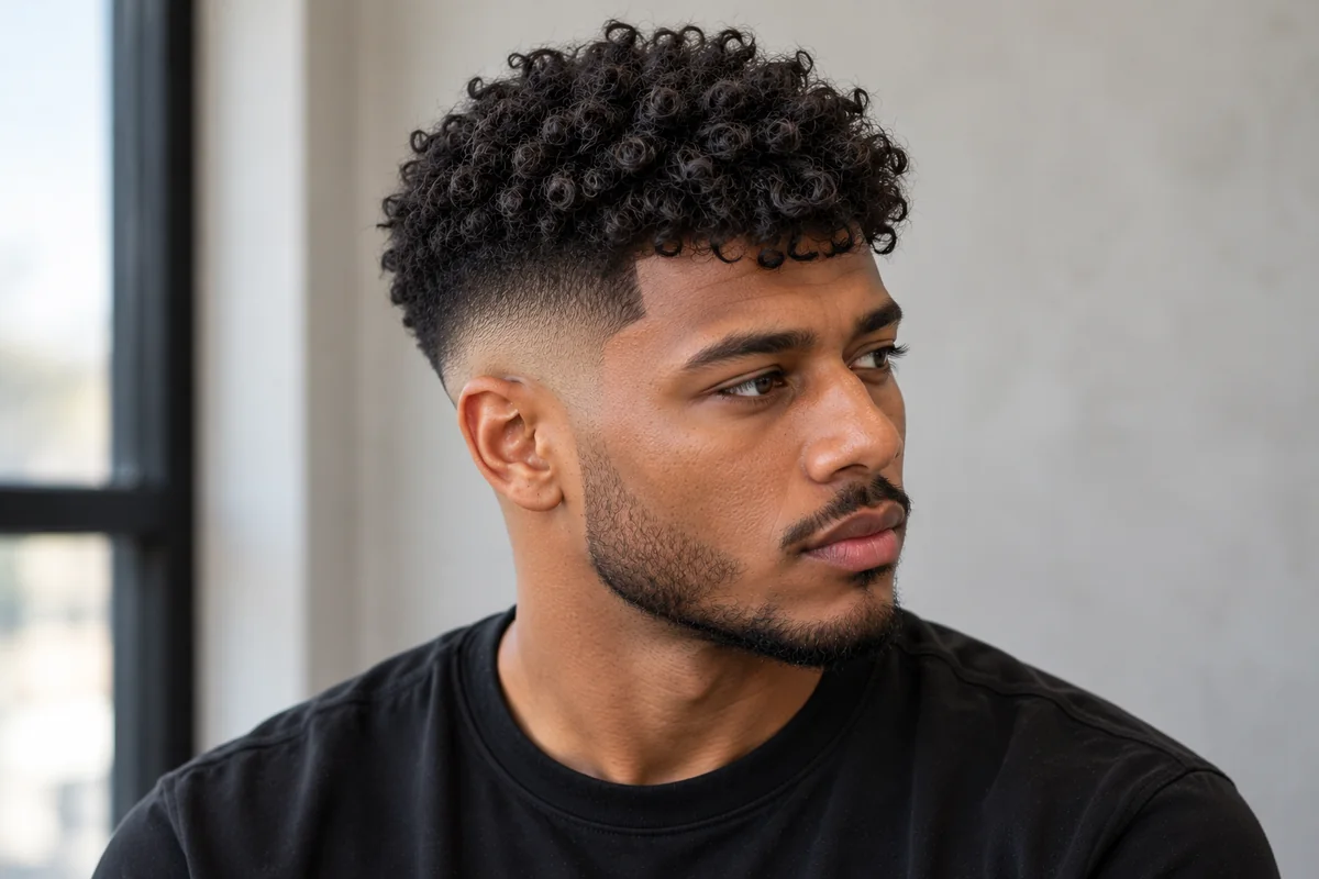 Man with curly hair and a textured crop with a fade and a crisp line-up