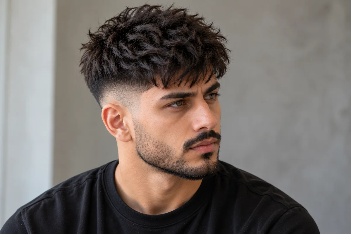 Man with thick dark hair and a textured crop with a mid fade, showing a full choppy top