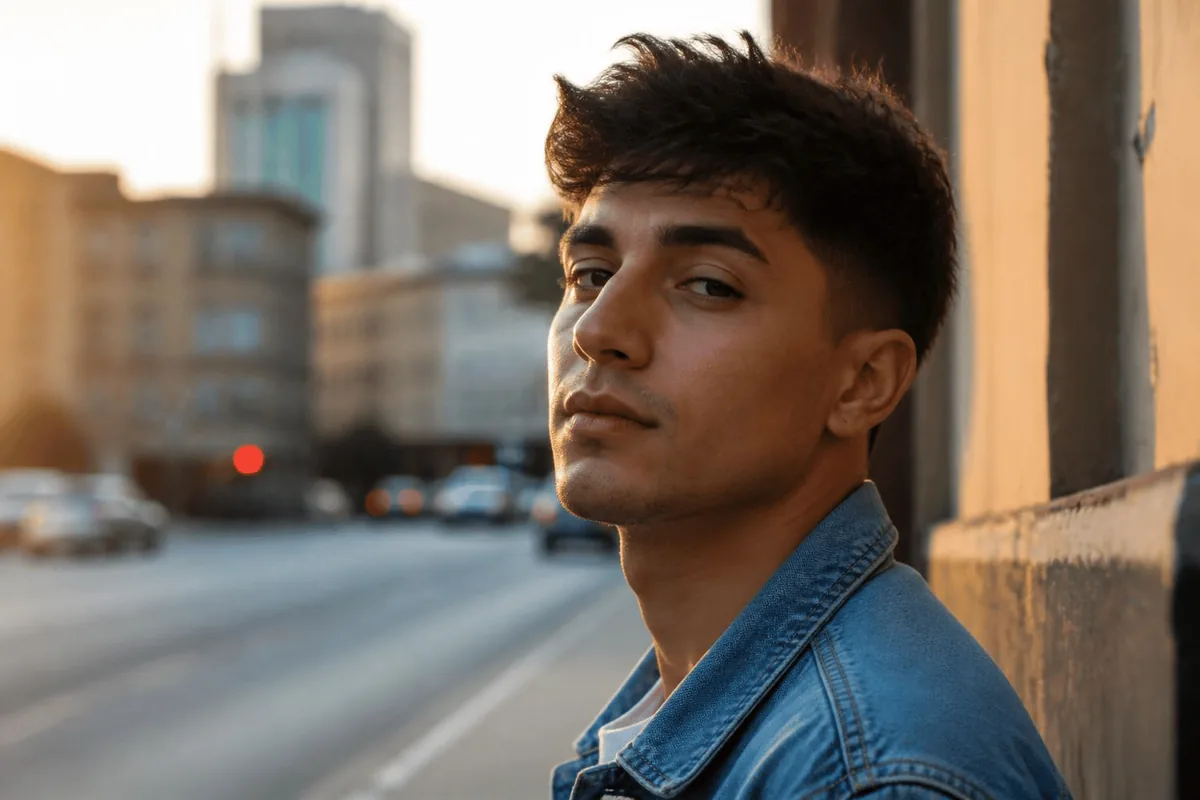 Textured crop haircut for men with a choppy forward fringe and a low fade on a street