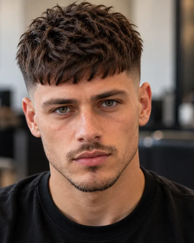 Textured crop haircut for men, front view with a choppy forward fringe and faded sides