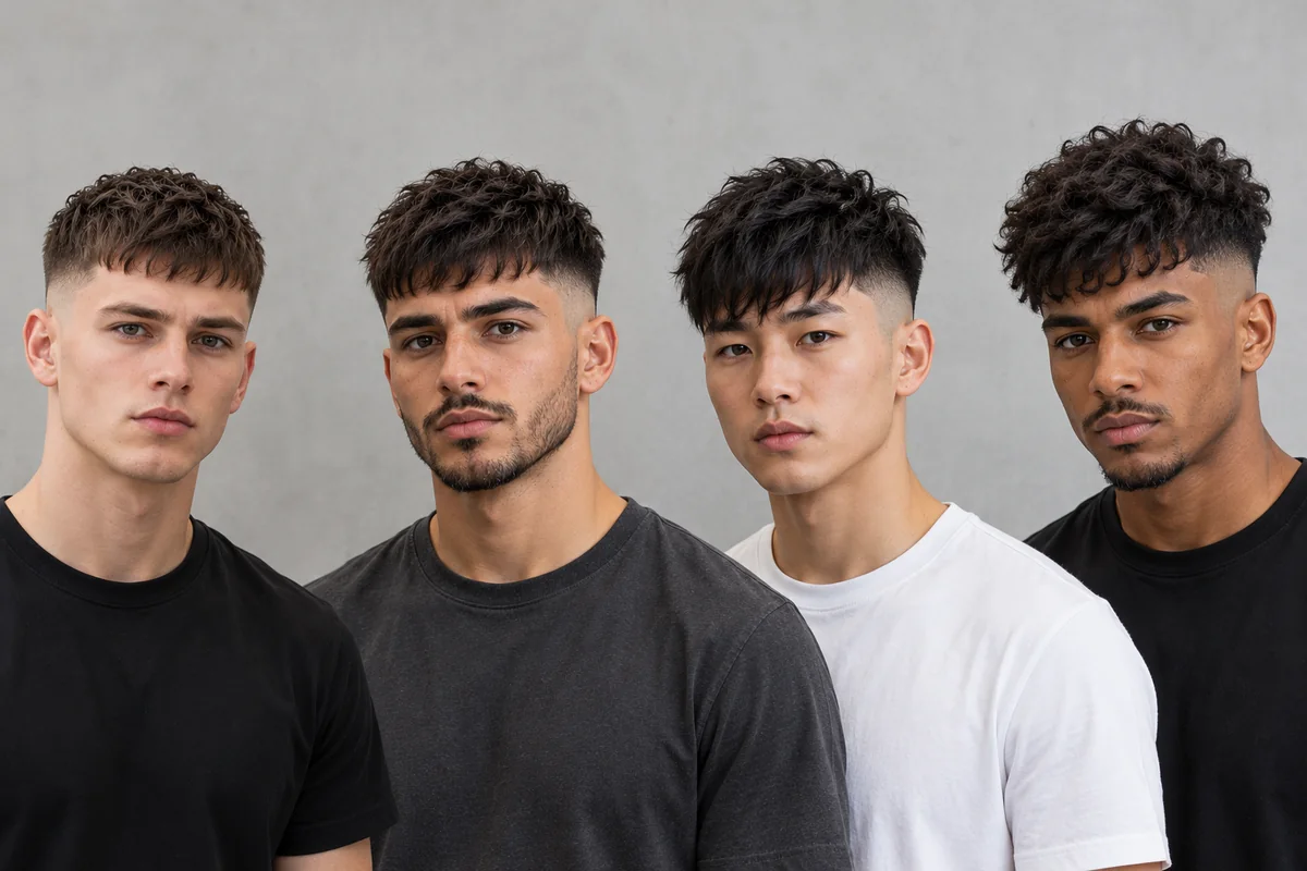 Four men side by side showing textured crop lengths and fade heights, from a short crop to a longer curly top