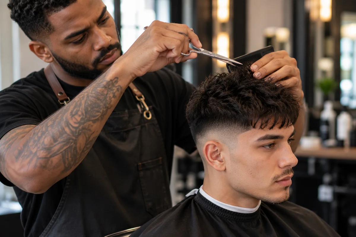 Barber point-cutting the top of a textured crop with scissors and a comb in a barbershop