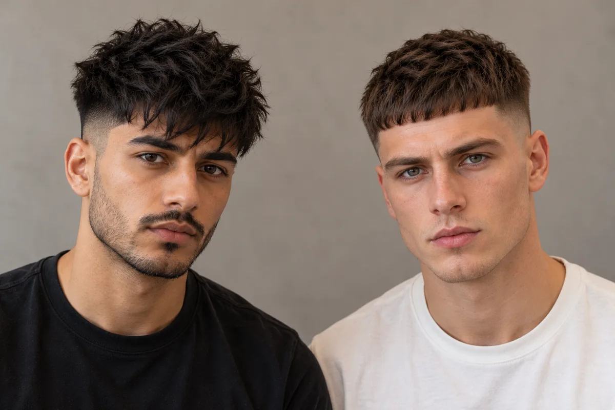Two men side by side, one with a textured crop and one with a French crop, comparing fringe texture