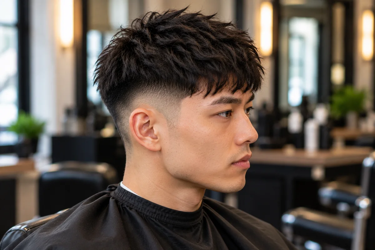 Man with a textured crop and a low fade, side profile showing the choppy top and clean sides