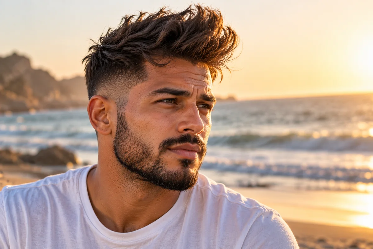 Man with a textured messy quiff styled with matte clay and a mid fade on the sides