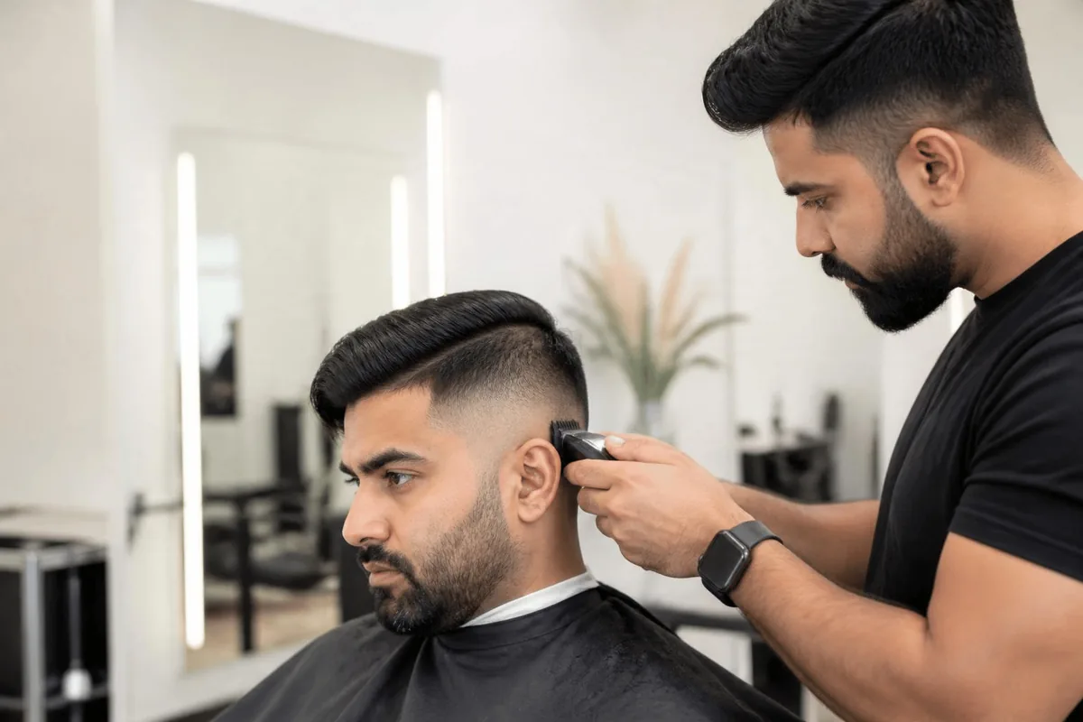 Undercut haircut for men with a long top swept to the side and very short sides in a salon