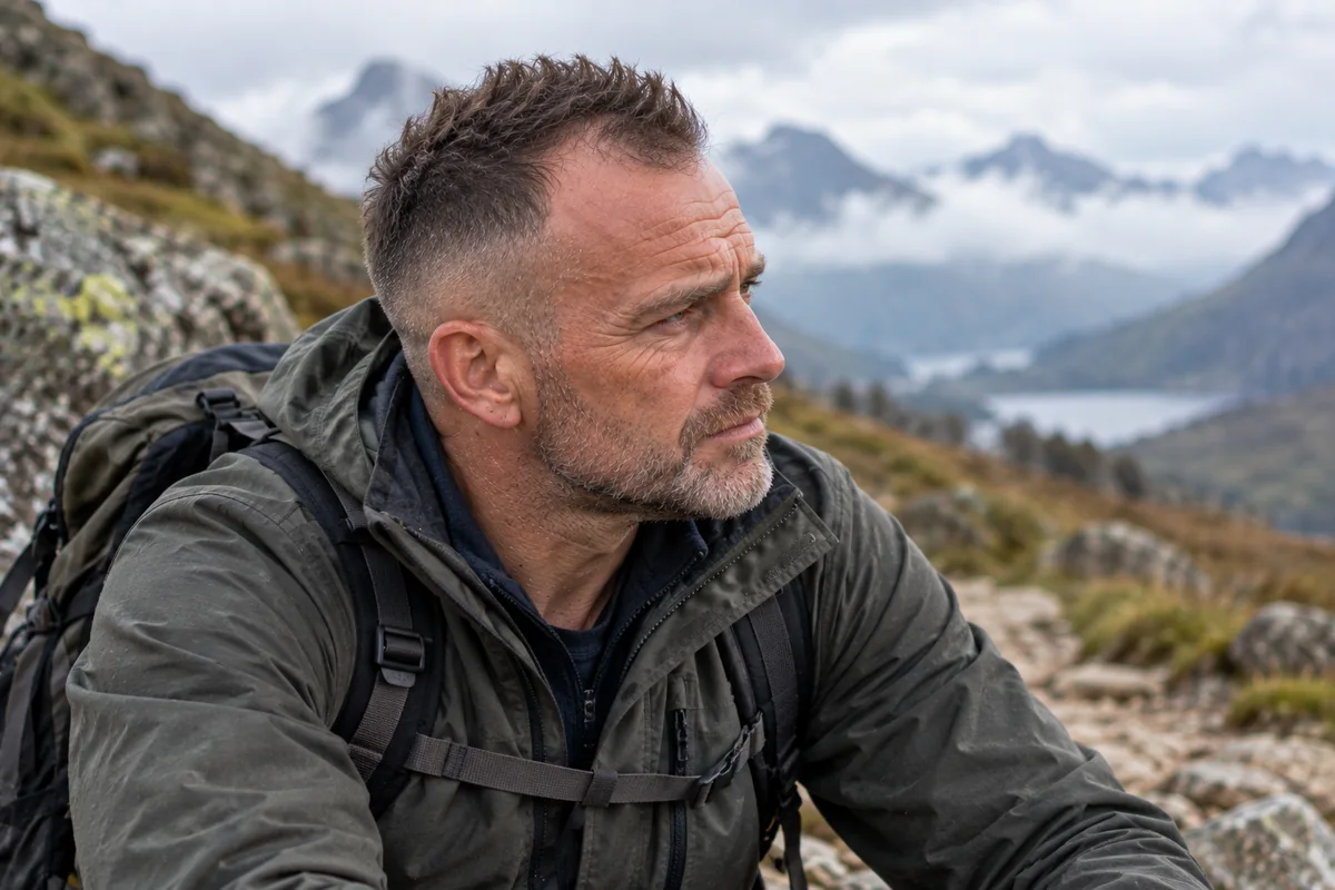 Man with a receding hairline wearing a warrior cut with a low fade, natural line-up and a short matte top