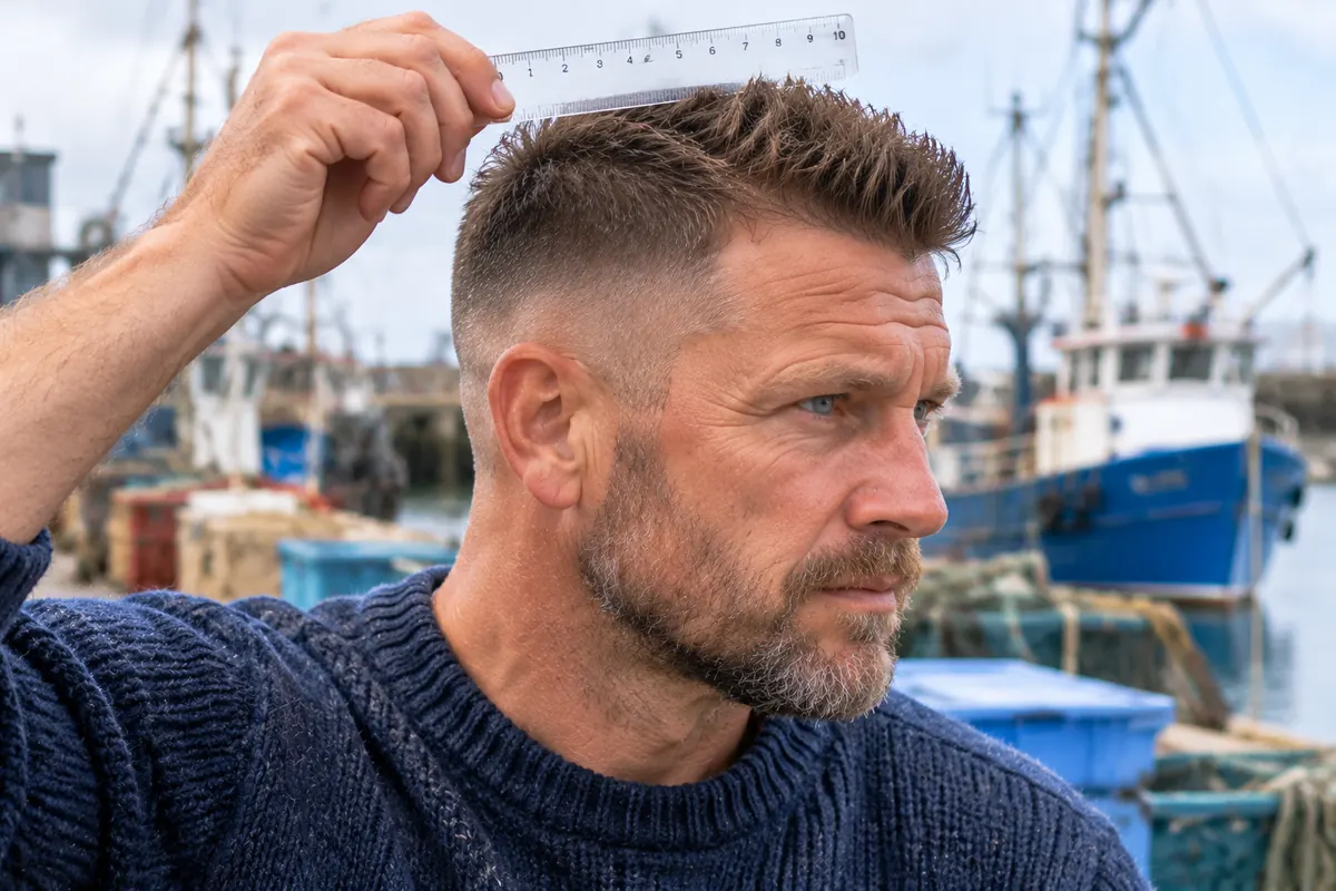 Warrior cut length guide showing a 5 cm center top with a ruler and a mid fade on the sides