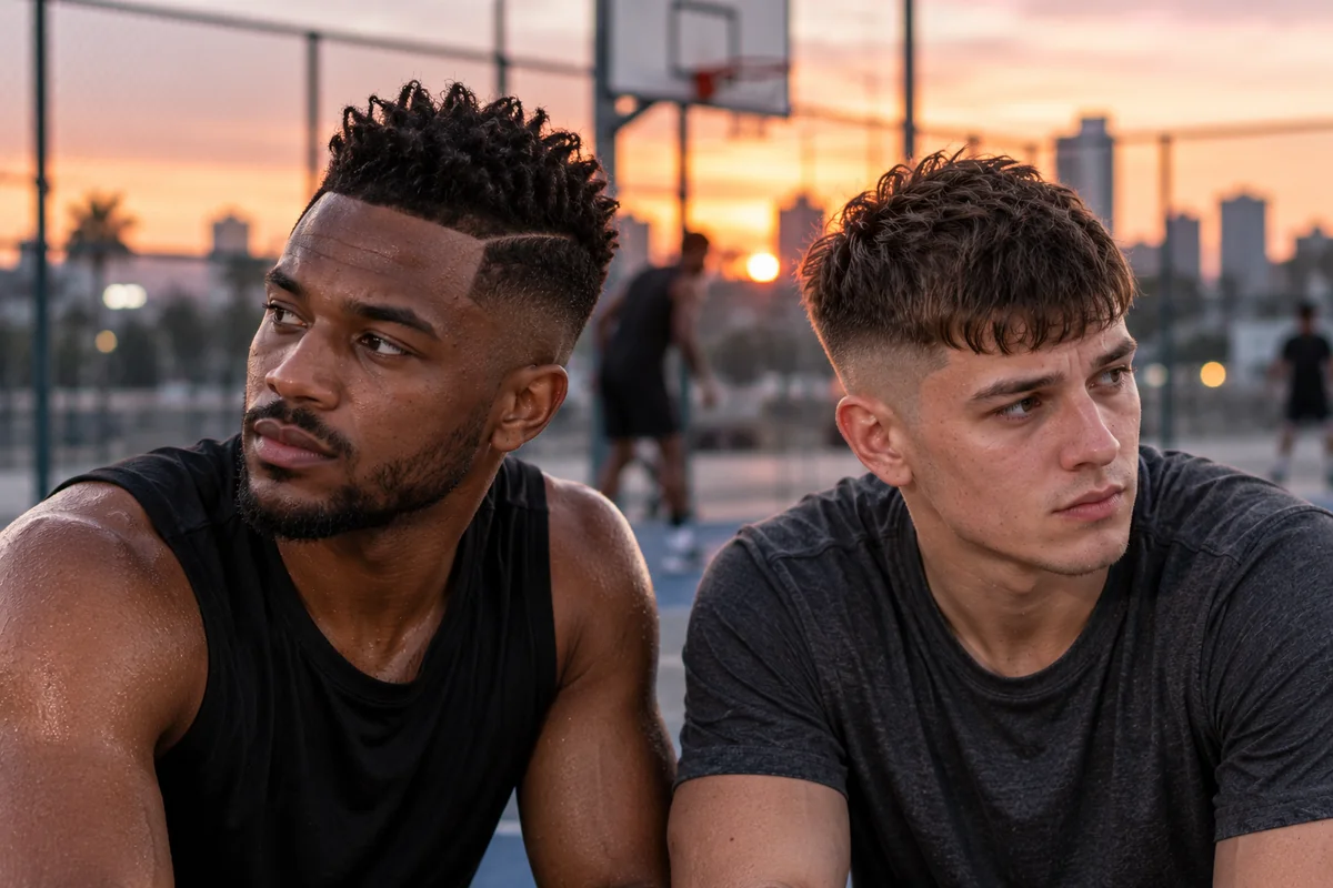 Two men side by side, one with a warrior cut with a raised center and one with a textured crop and a forward fringe