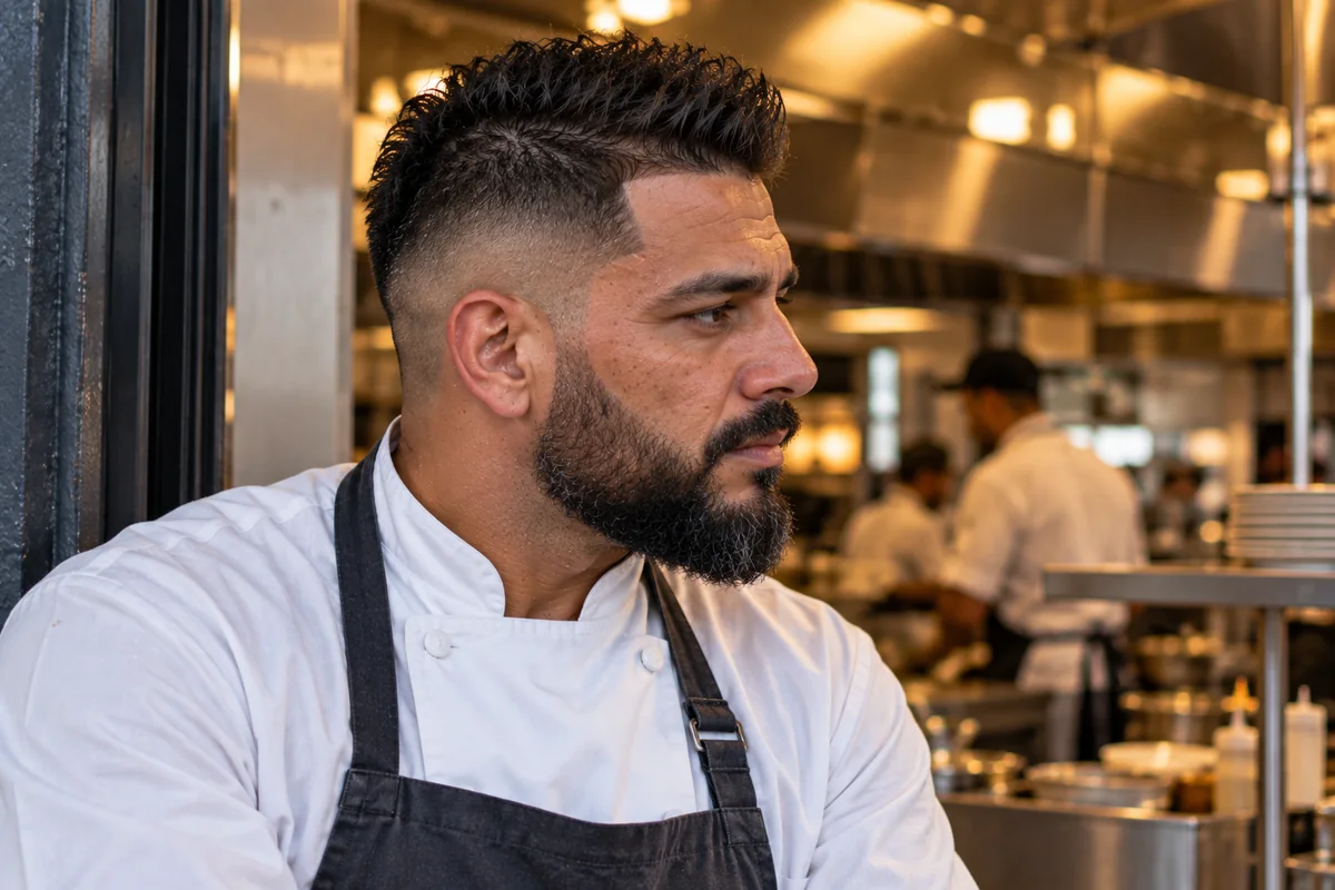 Man with a warrior cut and a full beard, the fade blending into the beard at the sideburn