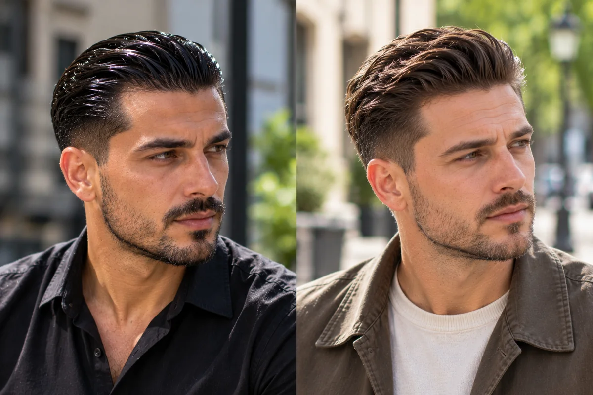 Two slick back styles side by side, one with a glossy wet pomade finish and one with a dry matte clay finish