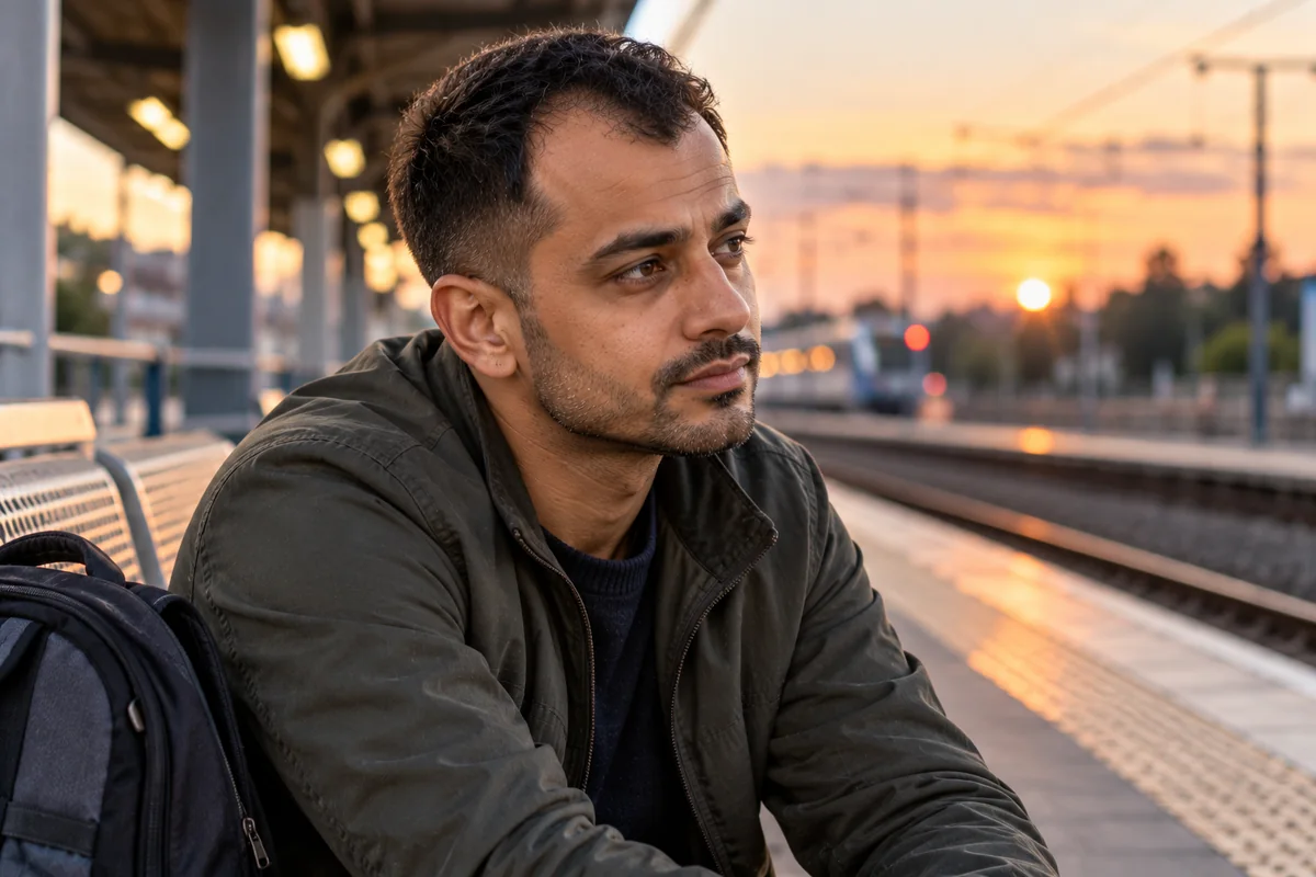 Man with a widows peak and receding temples wearing a short crew cut with a natural hairline